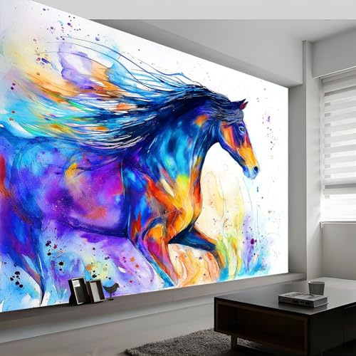 Crema Fondo de Pantalla PanoráMica 3d, Fantasía Animales Caballos Coloridos Fotomurales Mural 300 x 210 cm (An x Al) – Decoración de Pared Para Sala Cuarto Oficina y Salón