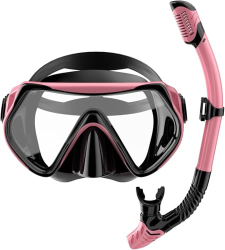 Schnorchelset Erwachsene Trocken mit Maske & Schnorchel Antibeschlag 180°-Panoramablick Schnorchelset Damen Herren zum Schnorcheln Schwimmen Strandurlaub (Pink)