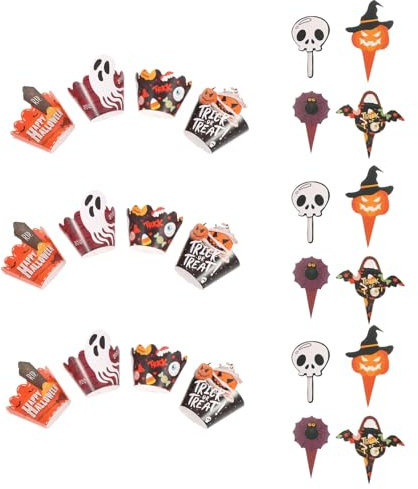 Parliky 2 ensembles Set Décorations Cupcakes Halloween Papiers Cupcake Décoratifs Résistants pour Gâteaux Boissons et Tables Garnitures Variées Citrouille Chauve-souris Araignée et Crâne