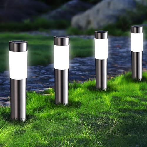 Joomer Lampe Solaire Exterieur Jardin, 4 Pièces Lumiere Solaire Exterieur avec Lumière Blanche Froide Étanche Eclairage Exterieur Solaire pour Paysage, Chemins, Decoration Jardin Exterieur