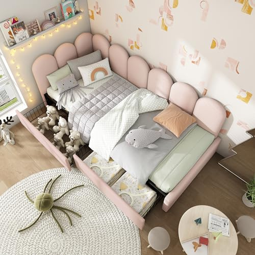 Arhatreya Bäddsoffa, 90 x 190 cm, L-format bäddsoffa med lådor, stoppad säng med ribbotten, barnsäng, sängssäng för gästrum, sovrum (utan madrass) sammet rosa