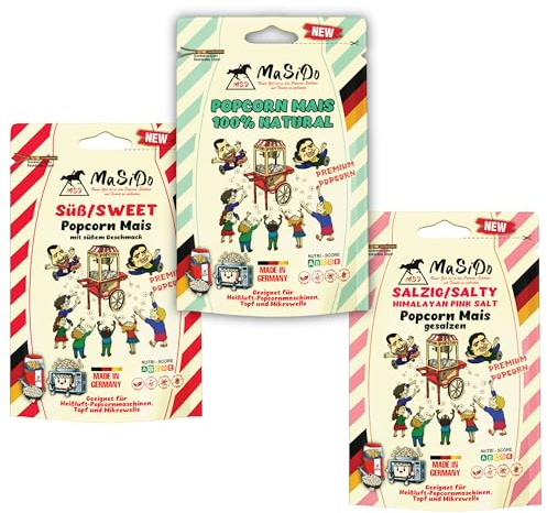 MSD MaSiDo 1x süßes, 1x salziges, 1x natur Premium Popcorn Mais aus Deutschland, Butterfly Mais Vorratspack, ohne Gentechnik, vegan, glutenfrei, laktosefrei (je 0,5 kg salzig, süß und natur)