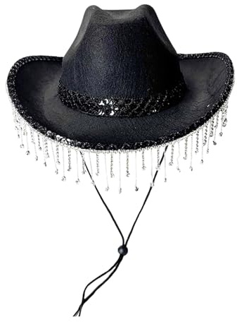 Generisch Cowboy Hut Damen mit Glitzer Strass Fransen Western Cowboyhut Westernhut Cowgirl Hut Cowboyhüte Cowboy Hat Breite Krempe Kopfbedeckung für Party Karneval Halloween Kostümzubehör