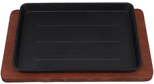 FOMIYES Padella in Ghisa Quadrata Antiaderente per Fajitas e Bistecche con Base in Legno, Piastra Teppanyaki Grande 23,2x17,5 Cm per Barbecue e Cucina Domestica