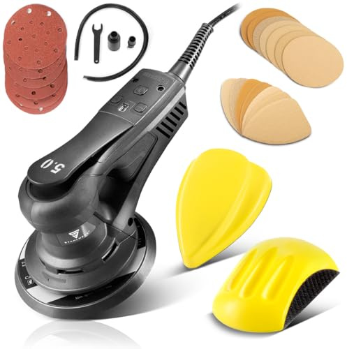 STAHLWERK Exzenterschleifer ES-150 ST, starker Handschleifer 350 W | Leistungsstark und vibrationsarm, Brushless-Rotationsschleifer,Schleifgerät-Set mit zwei Handschleifblöcken P80-P320