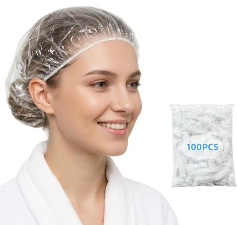 Gorro de Ducha Desechable 100 Unidades, Gorros de Ducha Transparentes e Impermeables, Gorros para el Pelo Ducha 100 Piezas, Gorros Desechables Elásticos para Tinte, Spa y Hotel (Transparente)
