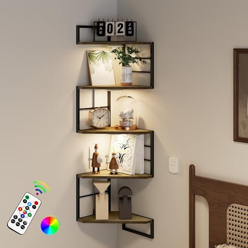 Snugverione Eckregal mit LED-Beleuchtung, 5-stöckiges Dreieckig Eckregal zum Wandmontage für Schlafzimmer, Wohnzimmer, Büro und Küche, 26,4 x 26,4 x 132 cm, Einfach zu Montieren, Braun