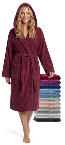 jazzylab Peignoir Femme Mi-Long Capuche 100% Coton Éponge 380g/m² Bain Spa | Peignoir mi-long en coton éponge 380 g/m² avec capuche, ceinture et poches – confort, chaleur et douceur au quotidien