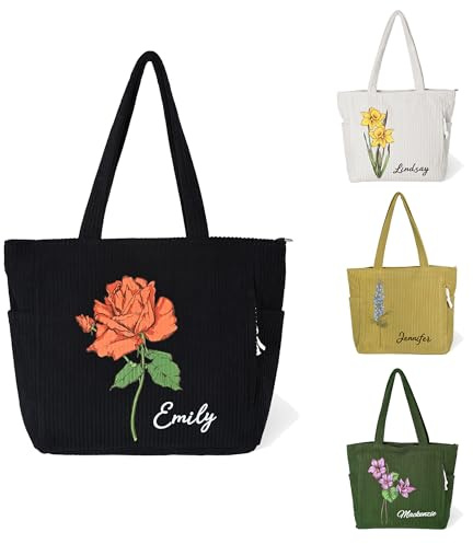 GSTFY Personalisierte, niedliche Cord-Tragetasche mit seitlicher Innentasche und großem Namens- und Geburtsblumen-Motiv – ideal für Arbeit, Alltag, Reisen, Geburtstage und als Geschenk für Frauen
