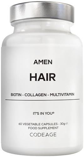 Amen Hair Vitamins - Biotin, Collagen Powder - Vitamin C, D3, B5 & E, MSM, Zinc, Hyaluronic Acid, Inositol & Horsetail Extract - Non-GMO Hair Pill Supplements - 60 Capsules