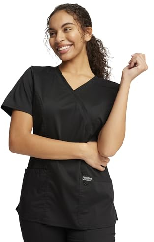 Cherokee Scrubs Top for Women Mock Wrap with 3 Pockets, Soft, 2-Way Stretch & Durable Fabric - WW610, L, Black