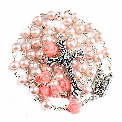 Nazareth Store Katholische rosa Perle Perlen Rosenkranz Halskette 6pcs Unsere Rose Lourdes Medaille & Kreuz NS
