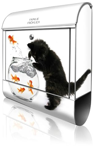 banjado Design Briefkasten personalisiert 38,5x46,5x13cm & 2 Schlüssel - Briefkasten Stahl Silber Zeitungsfach pulverbeschichtet - Postkasten A4 Einwurf inkl. Montagematerial - Motiv Katze Und Fisch