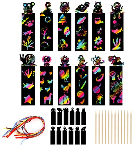Nuoshen 24 Kratzbilder, 24 Holzstifte, 24 Bänder, DIY, Party für Jungen und Mädchen