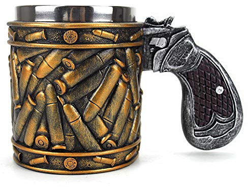 XuanAn Cool Revolver Pistol Handle Bullet Cup Beer Coffee Gun Shape Handle Mug with Ammo Bullet Round Shells Christmas Halloween Gifts (PJ893L)