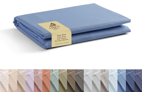 Linen Home 100% Cotton Percale 1 Flat Sheet, Twin Size - Crisp, Cool and Strong Bed Linen, Luxury Breathable Sheet, Baby Blue