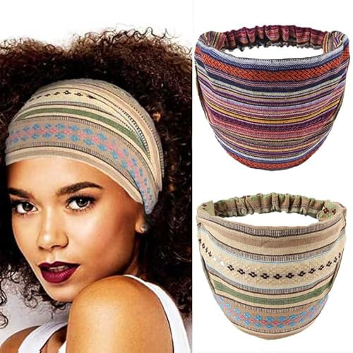 Fashband Boho Breite Stirnbänder Vintage Gestreiftes Stirnband Elastisches Yoga Haarzubehör für Frauen und Mädchen (2 Stück)