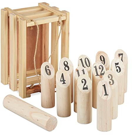 Relaxdays Kubb, mit Transportbox, finnisches Wurfspiel, Erwachsene & Kinder, Wikinger Spiel, für draußen, Holz, Natur