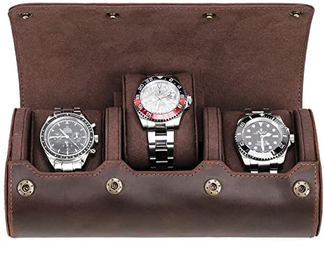 CONTACTS Caja de cuero para reloj, caja organizadora de relojes para 3 relojes, funda protectora portátil, visualización vintage (café-CF1135)