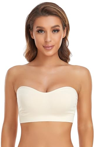 Lusait Strapless Bra for Women Non-Slip Silicone Padded Bandeau Bra Wireless Tube Top Bralette Beige L