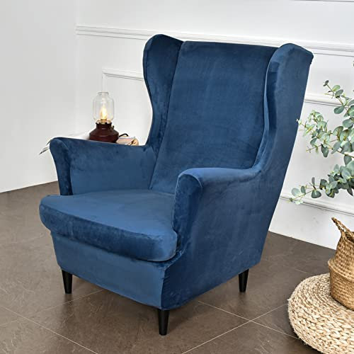 GUYIRT 2 Stücke Ohrensessel Schonbezug, Elastizität Luxus Samt Sesselhusse Waschbar Abnehmbare Sofabezug für Wohnzimmer Schlafzimmer Hotel-Navy blau
