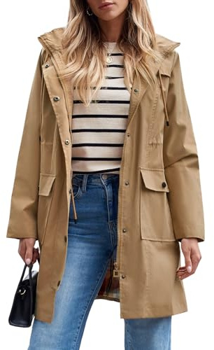 Women's Waterproof Rain Jacket Lightweight Raincoat Hooded Windbreaker Trench Coat (Camel,Medium)