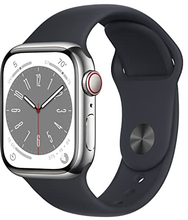 Apple Watch Series 8 (GPS + Cellular, 41MM) - Rostfri Stålboett Silver med Midnatt Sportband (Renoverad)