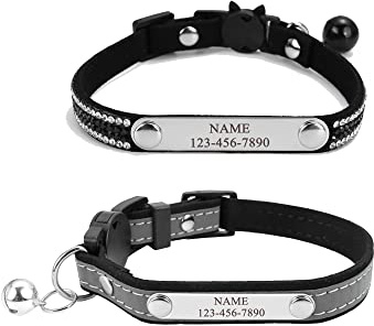 Mogokoyo 2er Pack Glöckchen Katzenhalsband mit Namen und Telefonnummer Personalisiert Reflektierend Katzenhalsband mit Sicherheitsverschluss Verstellbar Halsband für Katze Kitten (Schwarz)