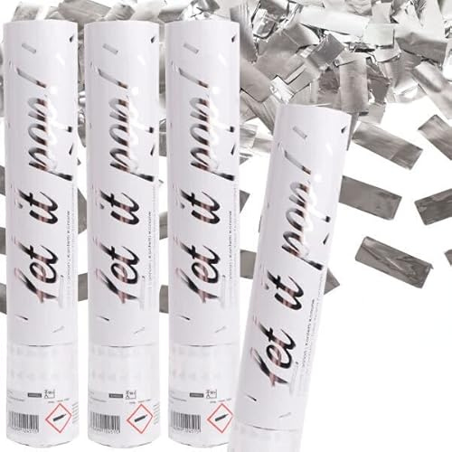 4 x Konfetti-Kanonen für einen Konfetti-Regen | 2-3m Effekthöhe, 28cm Party Popper mit Folien- und Papierkonfetti | Konfettikanone Hochzeit Geburtstag, Edition: Konfettikanone Silber