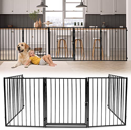 Ikodm 2X Kaminschutzgitter mit Tür 304 cm Metall Ofenschutzgitter Laufgitter Laufstall Absperrgitter Tierschutzgitter Türschutzgitter für Kinder-Sicherung, 5-teilig (je 60 x 75 cm) Schwarz…