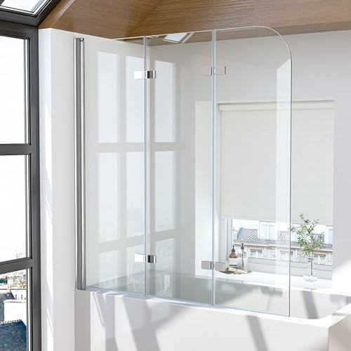 Duschabtrennung für Badewanne 3-teilig 140x140cm Duschwand, Faltbar Glas Badewannenaufsatz 6mm EGS Sicherheitsglas mit NANO Easy Clean Beschichtung, Duschtrennwand Trennwand Badewannenwand in Silber