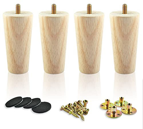 EETU 30cm/11.8inch Wooden Furniture Legs, Solid Wood Sofa Legs Set of 4, Wood Cabinets Replacement Furniture feet with Mounting Plates and Screws for Armchair Table Couch Bed