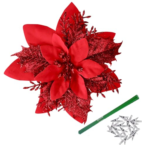 Bafenli 15 Pezzi 14CM Fiori di Natale Glitter Fiori Artificiali di Poinsettia Albero di Natale Ornamenti con Clip Stelo per DIY Ghirlanda Festa Casa Vacanze Decorazioni - Rosso