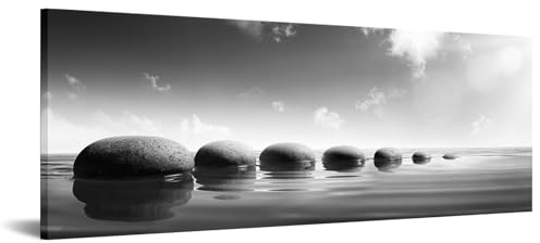 iKNOW FOTO Large Tranquil Zen Stones Canvas Print Monochrome Spa Wall Decor for Home & Office - Serene Nature Artwork for Living Room, Bathroom Mindfulness Black & White Picture 20x55 Inch