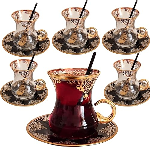 golden pet Juego de 6 tazas de té árabe turco vintage en patrón amarillo dorado, juego de tazas Istikan con asa, elegantes tazas de servir para invitados especiales, elegantes tazas de vidrio con