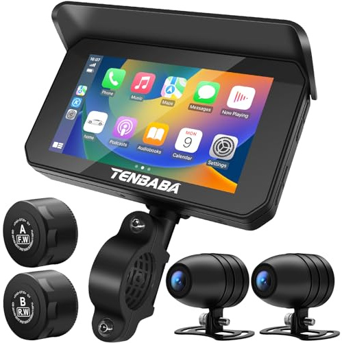 Tenbaba Professional 5 Motorcycle Carplay with Android Auto, Motorbike Dash Cam/Camera, Moto GPS Navigation, TPMS, Pantalla para Moto, Waterproof, G-Sensor, Siri/Google Voice, 128GB TF Card