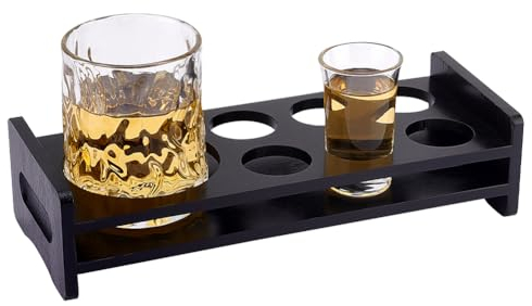 AHANDMAKER Plateau pour verres à liqueur à 7 trous, 6 trous pour verre à shot avec 1 trou pour distributeur de vin, whisky, tequila, présentoir à verres à liqueur pour restaurant, club, bar, réunion