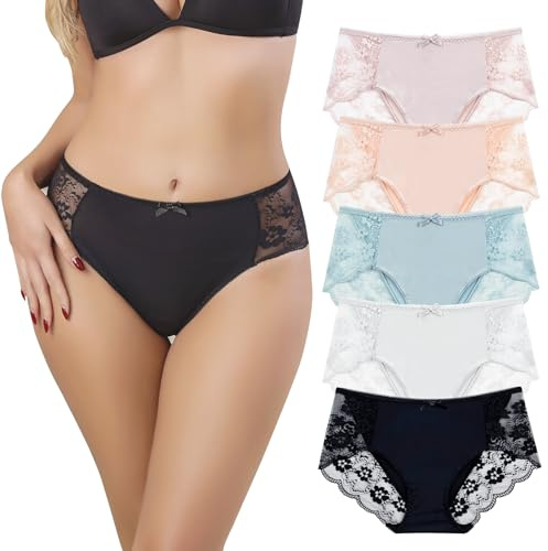 Chouchounel Culottes en Dentelle pour Femmes, Lot de 5, sous-Vêtements Confortables Taille Basse, Slips Hipster Élégants (FR/ES, Numérique, 38, Taille Normale, Taille Normale, Multicolore)