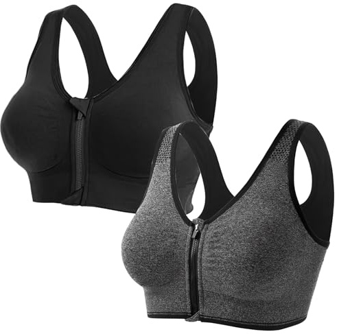 Clydewy 2 Packs Women's Sports Bras Ladies Running Yoga Non Wired Front Zip Seamless Comfort Gym Bra High Impact Support Women Wireless Padded Sport Bra Top