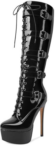 Eldof Womens Knee High Boots Platform Stiletto Heeled Boots Lace Up Buckle Strap Tall Boots Side Zipper 6 Inches Patent Black US Size 7