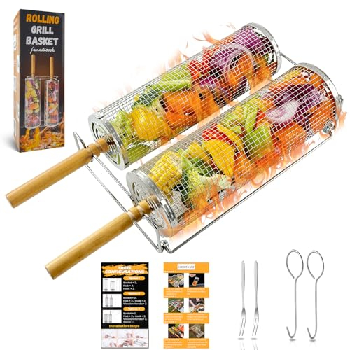 FANATICOOK Nistbare Grillkörbe mit abnehmbarem Holzgriff und stabilem Gestell, 2 Stück, Grillkorb für Outdoor, Rohrnetz, Grillzylinderkäfig für Gemüse, Gemüse, Fisch, Camping, Geschenke für Männer