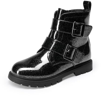 DREAM PAIRS flickor pojkar glitter ankelstövlar sida dragkedja stridsskor med spännen småbarn/litet barn/stort barn, Svart, 4 Big Kid