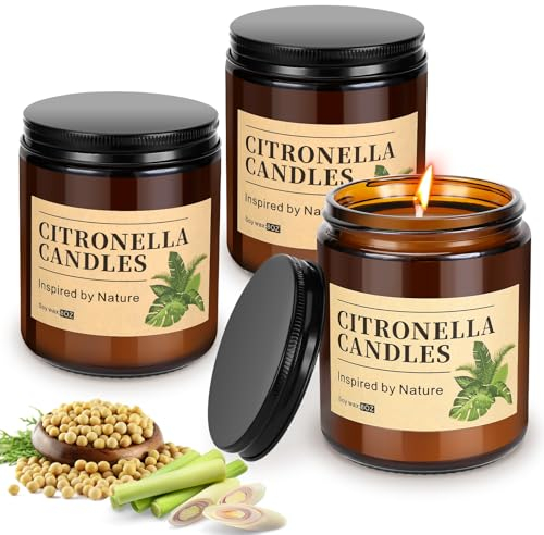 Citronella-Kerzen groß aus natürlichem Sojawachs, 240 Stunden Brenndauer, mit Deckel, natürliches Sojawachs, für Balkon, Picknick, Terrasse, Dekoration, 3 Stück