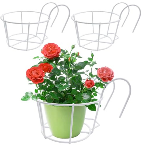 3 Stück Hängende Blumentopfhalter, Runder Blumentopfhalter Des Balkons, Metall Runde Geländer Pflanzer Körbe, Blumentopf Halterung lumentopf Aufhänger für Haus, Balkon, Garten, Geländer, Zaun (Weiß)