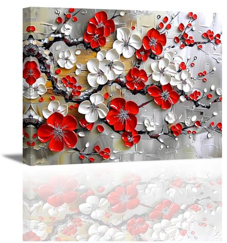 PIY PAINTING Stampa su tela Fiori di prugna rossa Quadri su Tela - Quadri Moderni - Cornice Incorporata - Blossom Immagini Decorazione Murale per Bagno Soggiorno, Regalo di compleanno 40x30cm