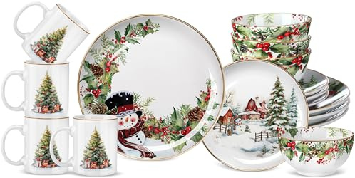 16 Pcs Snowman Christmas Dishes Dinnerware Set of 4 Holiday Dinner Plates