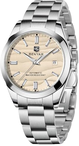 BENYAR Herrenuhr Automatikwerk Edelstahlarmband 50M Wasserdicht Leuchtanzeige mit Kalenderanzeige Casual Business Herren Sportuhr(Yellow)
