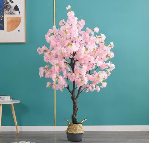 Arbre à Caoutchouc Artificiel/japonais, Fleurs De Cerisier Artificielles, Arbres En Plastique Avec Pots En Bambou, Très Grandes Plantes Artificielles, Décoration D'i(Size:1.5m/5ft/59in,Color:Rose)