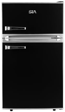SIA RFM88K 88L Freestanding Under Counter Black Retro Fridge Freezer, Adjustable Thermostat, Interior LED Light, 2 Years Parts and Labour Guarantee