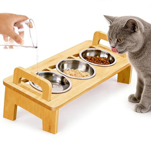 Raised Cat Bowls with Stand Tilted - 15°Tilted Cat Bowls Feeding Station | 3 PCS Elevated Cats Food Bowls Stainless Steel | Anti Vomit, Anti Slip, Easy Assembly